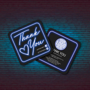 Retro Neon Blue Lighted Sign Customer Thank You Square Business Card