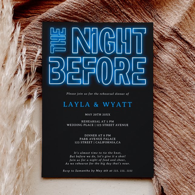 Retro neon blue night before rehearsal dinner invitation (Creator Uploaded)