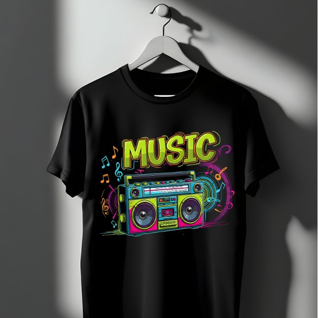 Retro Neon Boombox Music Art - 80s 90s Graffiti T-Shirt (Creator Uploaded)