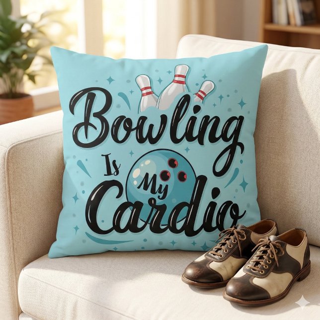  Retro Neon "Bowling Is My Cardio" Funny Bowling Cushion (Retro Neon Bowling Is My Cardio Funny Bowling Throw Pillow Mockup A)