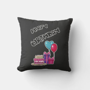 Retro Neon Bubble Text Happy Birthday Cushion
