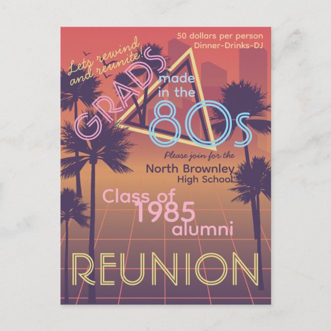 Retro Neon Coloured Class Reunion Invite Postcard (Front)