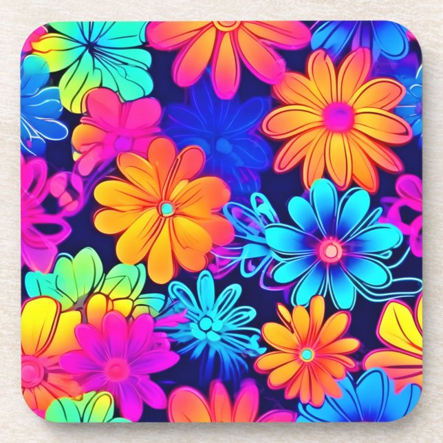 Retro Neon Flowers Pattern Coaster (Front)