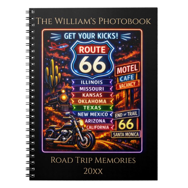 Retro Neon Get Your Kicks Route 66 Album Notebook (Front)
