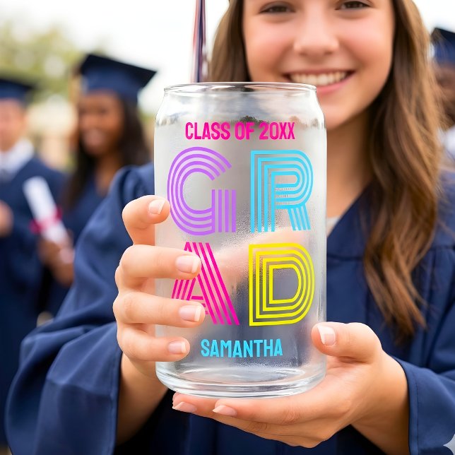 Retro Neon Grad Graduation Can Glass (Creator Uploaded)