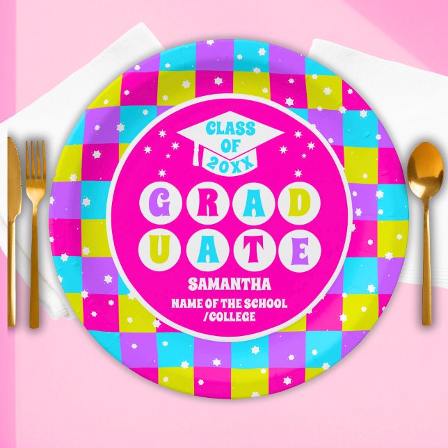 Retro Neon Graduation Party Paper Plate (Creator Uploaded)