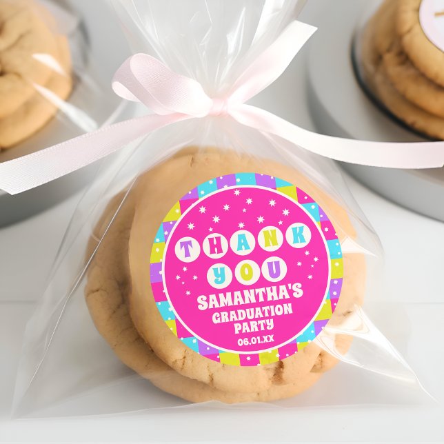 Retro Neon Graduation Party Thank You  Classic Round Sticker (Creator Uploaded)