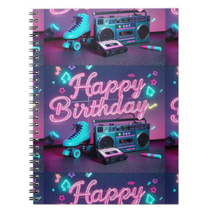 Retro neon Happy Birthday sign in pink and teal Notebook