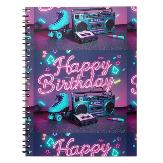 Retro neon Happy Birthday sign in pink and teal Notebook (Front)