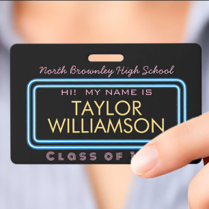 Retro neon light class reunion name  ID badge