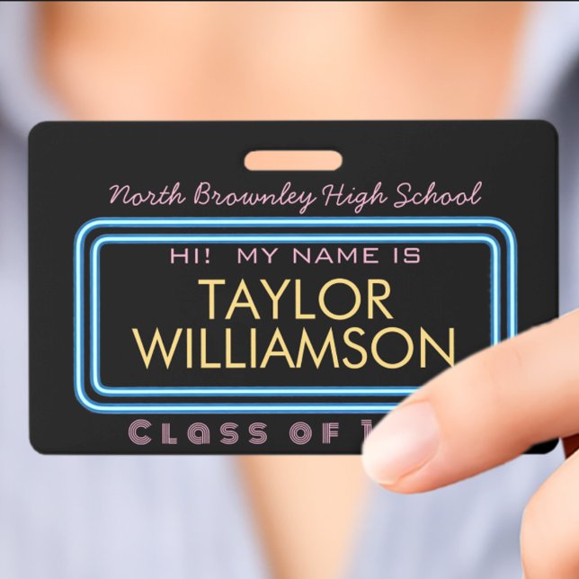 Retro neon light class reunion name  ID badge (Retro neon frame class reunion name badge
)