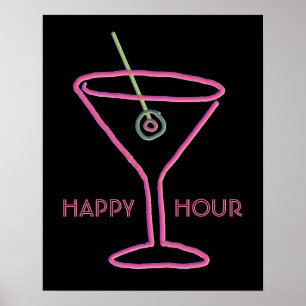 Retro Neon Martini Happy Hour Poster Print