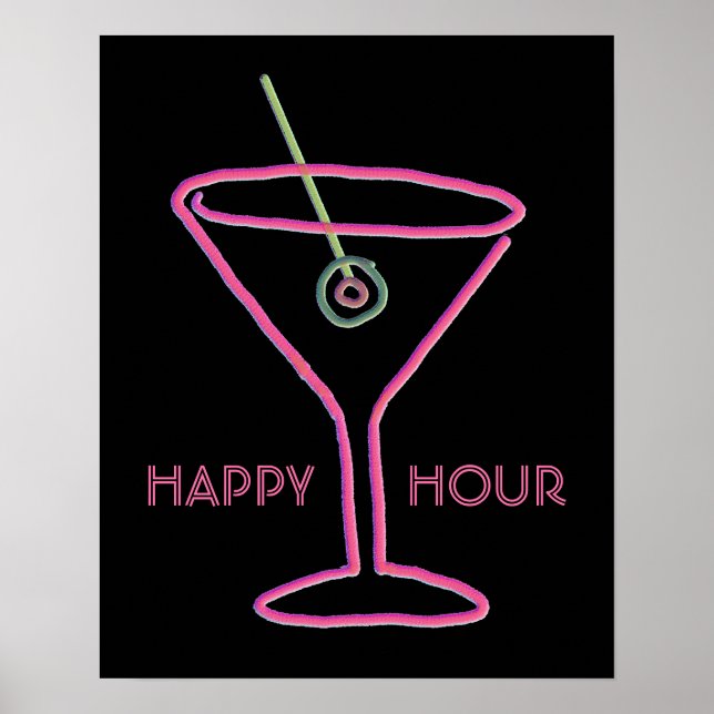 Retro Neon Martini Happy Hour Poster Print (Front)