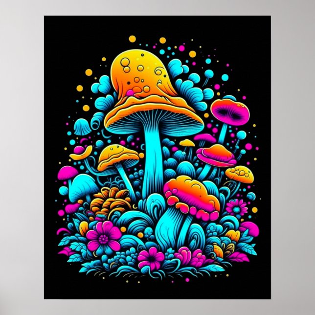 Retro Neon Mushrooms and Flowers  Poster (Front)