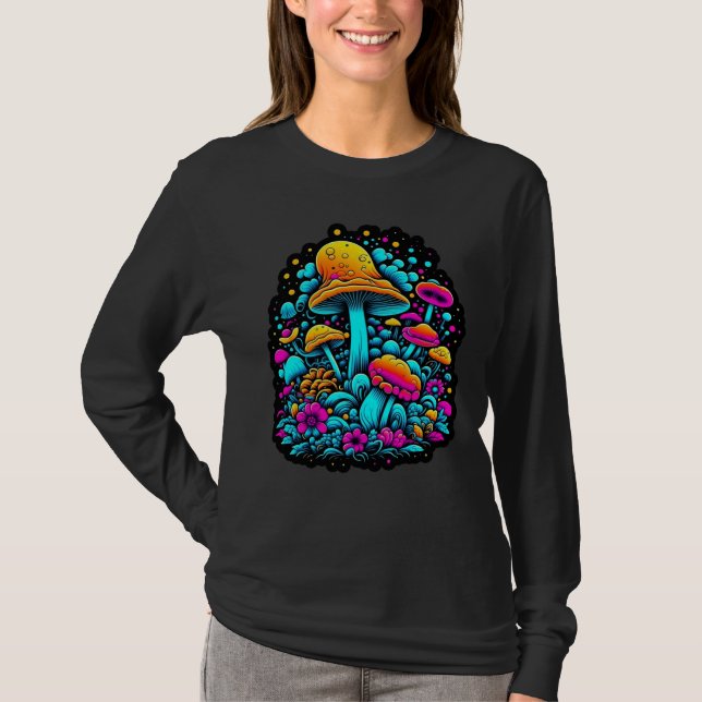 Retro Neon Mushrooms and Flowers  T-Shirt (Front)