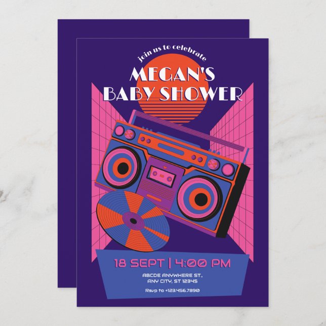 Retro neon music electro baby shower invitation (Front/Back)