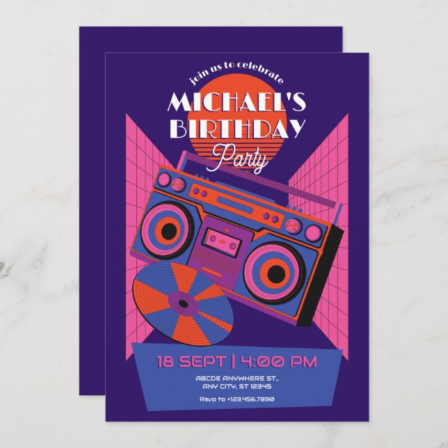 Retro neon music electro birthday invitation (Front/Back)