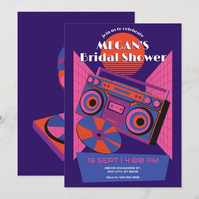 Retro neon music electro bridal shower invitation (Front/Back)