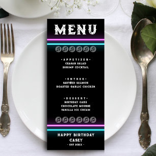 Retro Neon Pink & Blue Striped Birthday Dinner Menu