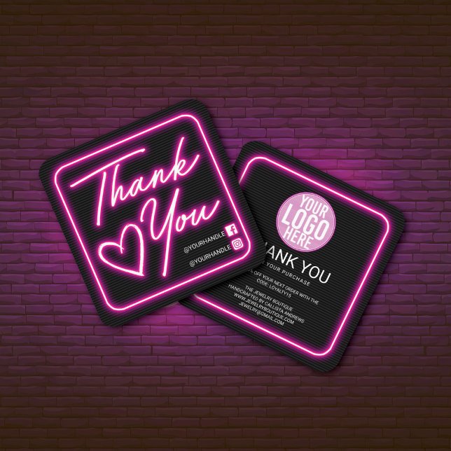 Retro Neon Pink Lighted Sign Customer Thank You Square Business Card (Creator Uploaded)
