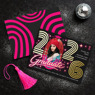 Retro Neon Pink Photo Graduate Foil Announcement
