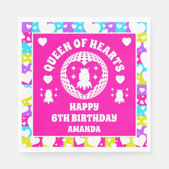 Retro Neon Queen Of Hearts Birthday Napkin (Front)