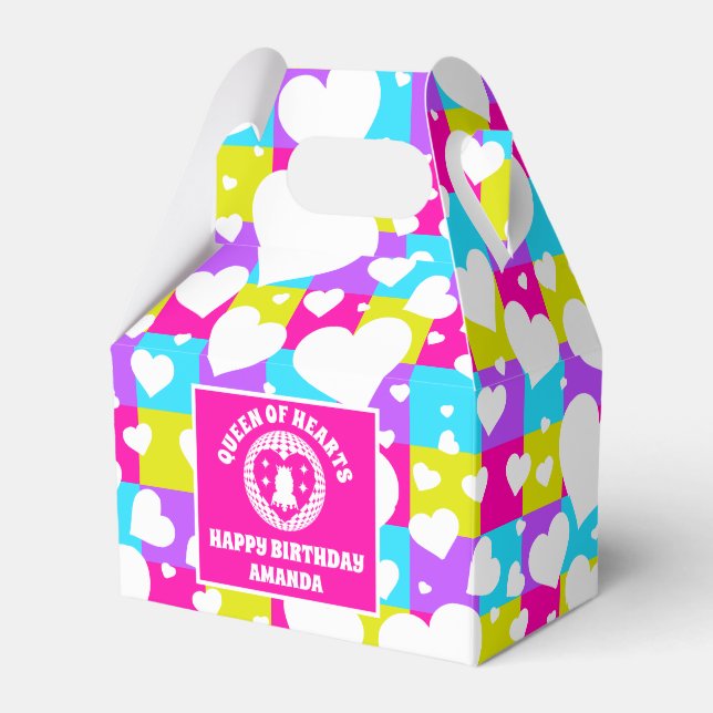 Retro Neon Queen Of Hearts Birthday Party Favour Box (Front Side)