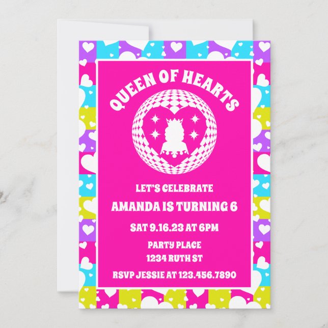Retro Neon Queen Of Hearts Birthday Party Photo Invitation (Front)