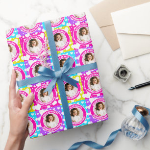 Retro Neon Queen of Hearts Birthday Photo Wrapping Paper