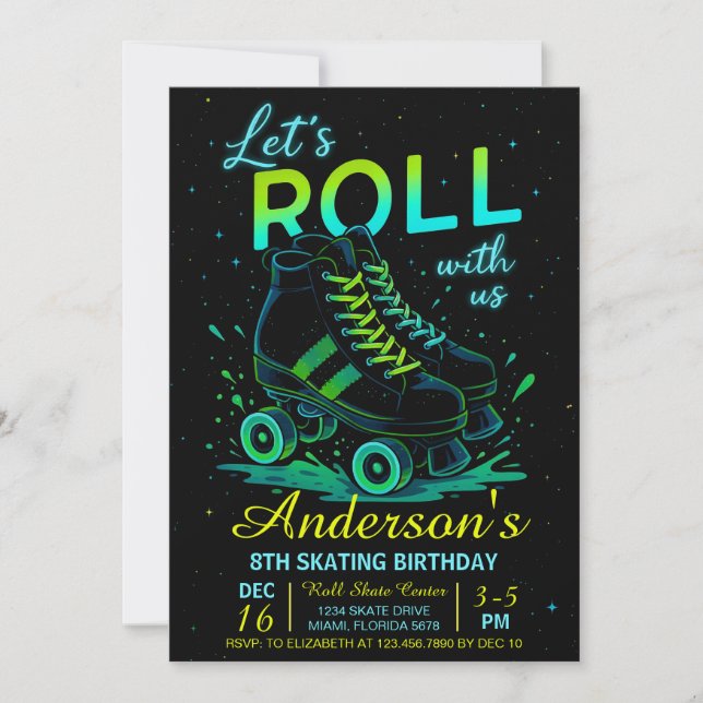 Retro Neon Roller Skate Birthday Invitation (Front)