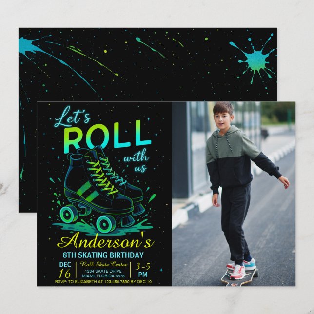 Retro Neon Roller Skate Birthday Photo Invitation (Front/Back)