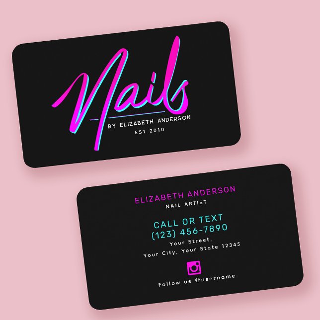 Retro Neon Script Nail Artist Business Card (Creator Uploaded)