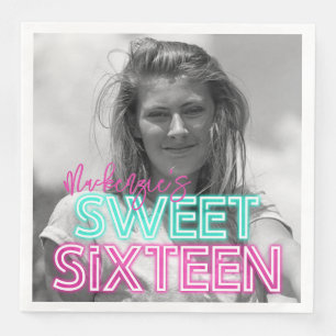 Retro Neon Sign with Black & White Photo Sweet 16 Napkin