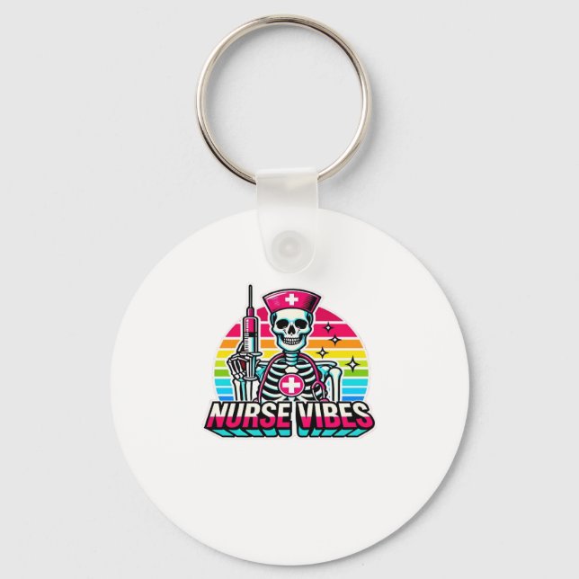 Retro Neon Skeleton Nurse � Funny Spooky Medical D Key Ring (Front)