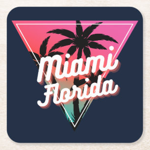 Retro Neon Sunset Palm Trees Miami Florida Square Paper Coaster