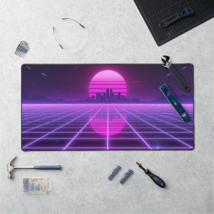 Retro Neon Synthwave Infinity Grid Horizon Aesthet Desk Mat