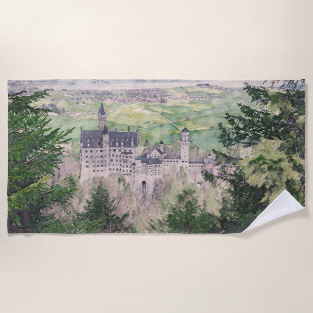 Retro Neuschwanstein Castle in Germany Beach Towel (Front)