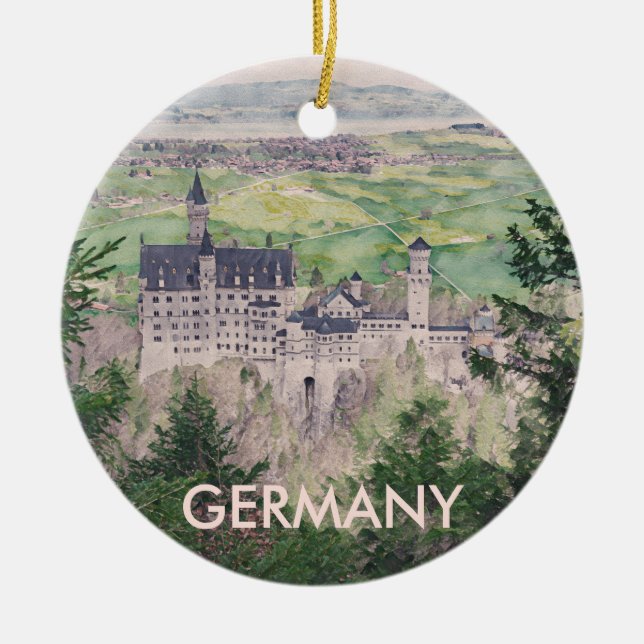 Retro Neuschwanstein Castle in Germany Ceramic Tree Decoration (Front)