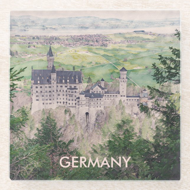 Retro Neuschwanstein Castle in Germany Glass Coaster (Front)