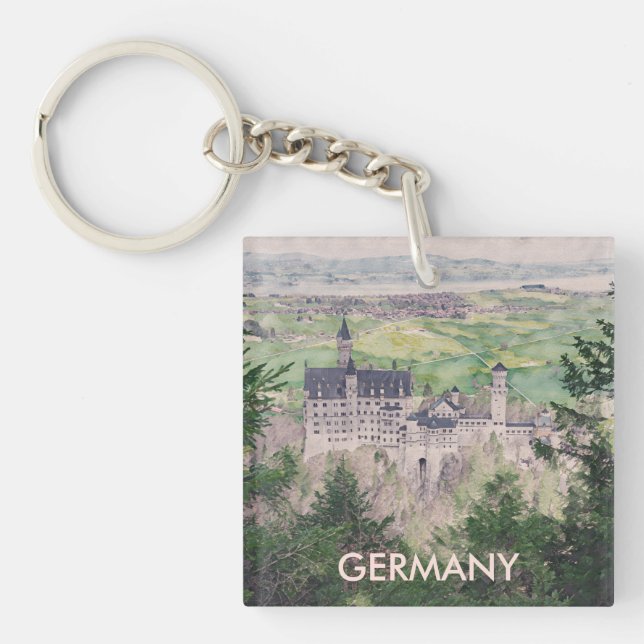 Retro Neuschwanstein Castle in Germany Key Ring (Front)