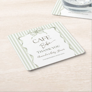 Retro Neutral Bow Cafe Bebe Coffee Baby Shower Square Paper Coaster