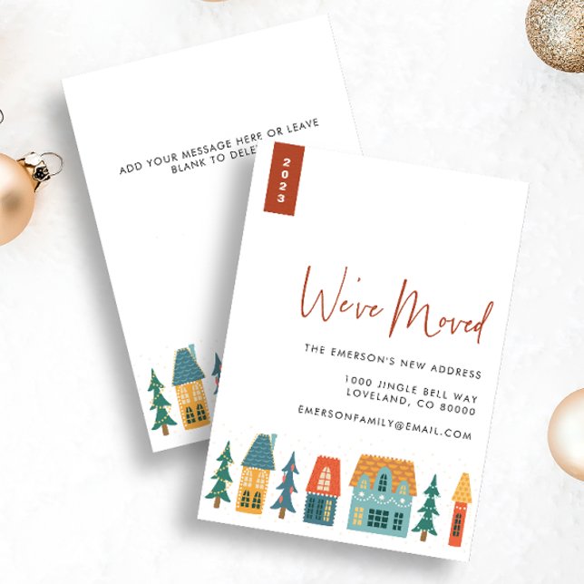 Retro New Home Holiday Card (2023 We've Moved Holiday Retro Houses Christmas Card with message on back)