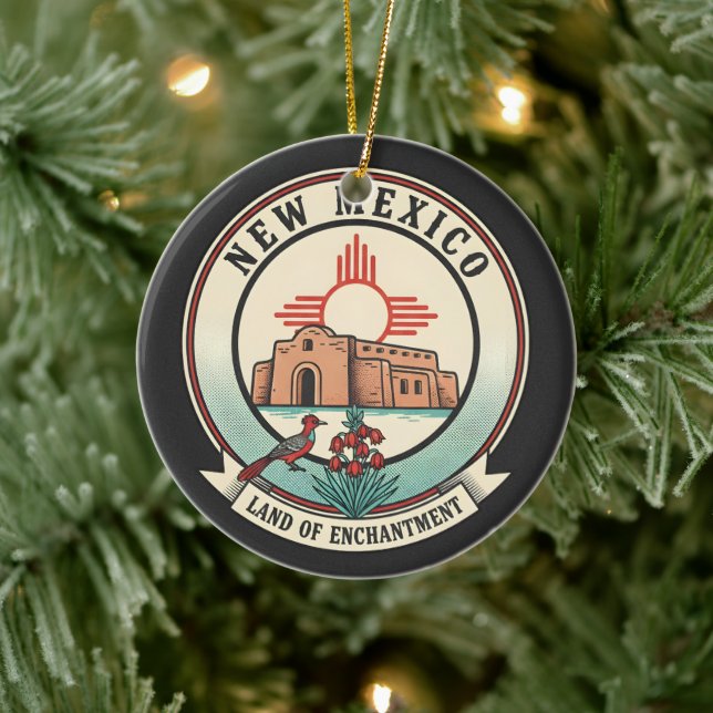 Retro New Mexico Land of Enchantment Badge Ceramic Tree Decoration (Tree)