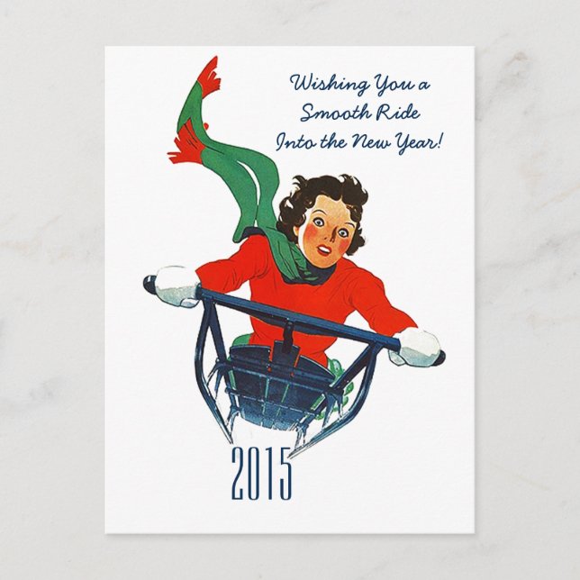 Retro New Year's Greeting Winter Sledding Postcard (Front)