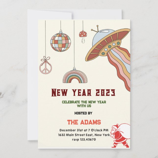 Retro New Years Party Invitation, eve invite (Front)