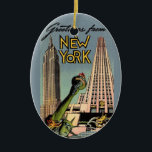 Retro New York City Greeting Ceramic Tree Decoration<br><div class="desc">A fantastic retro postcard greeting for New York City.  We've repurposed this great image on an ornament.
The image is on both sides. You can purchase it as is or you can delete the image on the back  and personalise the ornament with a message.</div>
