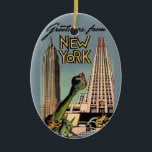 Retro New York City Greeting Ceramic Tree Decoration<br><div class="desc">A fantastic retro postcard greeting for New York City.  We've repurposed this great image on an ornament.
The image is on both sides. You can purchase it as is or you can delete the image on the back  and personalise the ornament with a message.</div>