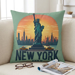 Retro New York City Skyline with Statue of Liberty Cushion