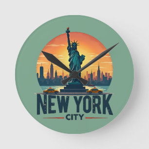 Retro New York City Skyline with Statue of Liberty Round Clock
