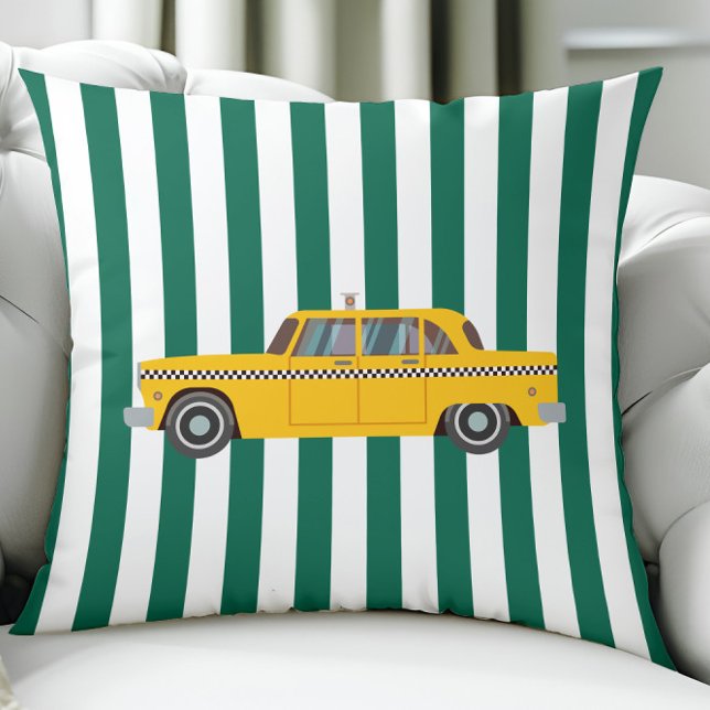 Retro New York City Taxi Cab, Car on Green Stripes Cushion (Creator Uploaded)